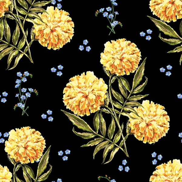 Akwarela Marigold Niebieskim Dzikim Kwiatem Czarnym Tle Wzór Bez Szwu — Zdjęcie stockowe