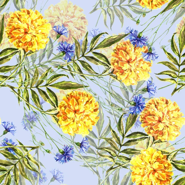 Aquarell Wiesenblumen Ringelblume Und Kornblume Auf Blauem Hintergrund Florales Nahtloses — Stockfoto