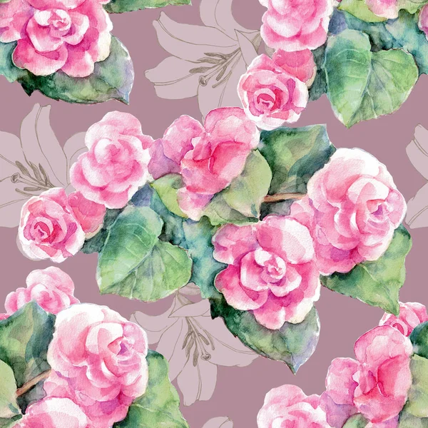 Watercolor Bouquet Spring Flowers Begonia Graphic Lily Seamless Pattern Lilac — Stock Photo, Image