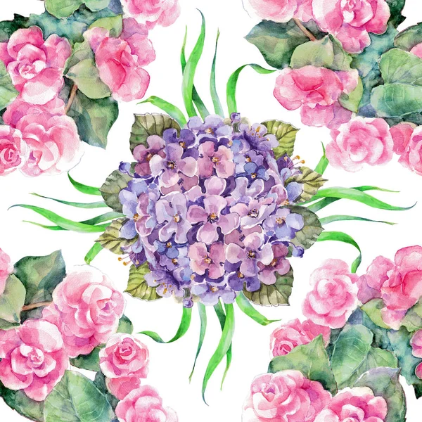 Watercolor Bouquet Spring Flowers Begonia Hydrangea Seamless Pattern White Background — Stock Photo, Image