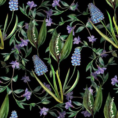 Orman bahar çiçekleri renkli kalemler. Siyah arkaplanda çiçek deseni var..