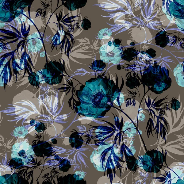 Koyu arkaplanda suluboya mavi şakayık. Çiçeksiz desen.