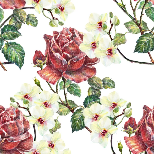 Red Rose Colored Pencils Watercolor Orchid Bouquet Flowers Decor Your — Stock Photo, Image