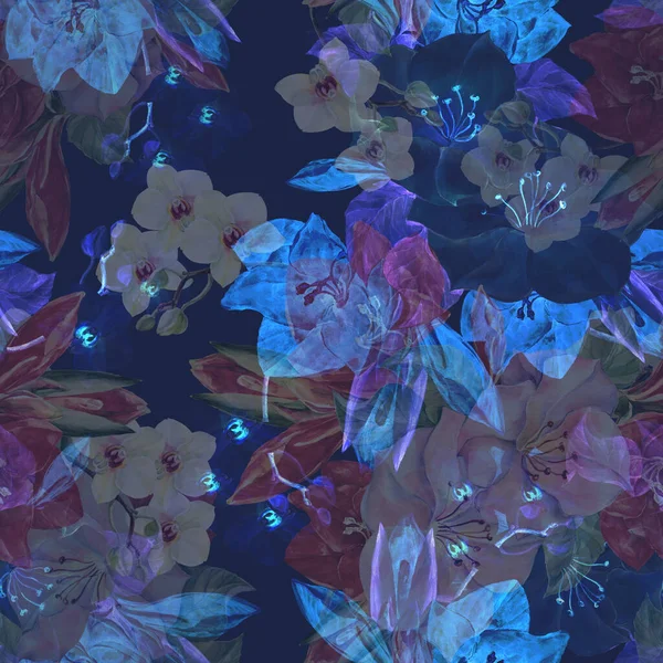 青い背景に抽象的な水彩のシームレスなパターン 庭の花花束 — ストック写真