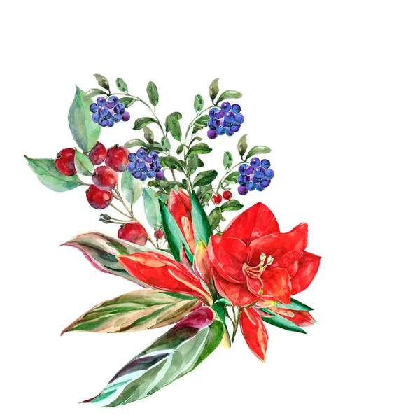 Akvarell Bukett Våren Blommormed Bär Blommigt Hörn Vit Bakgrund — Stockfoto
