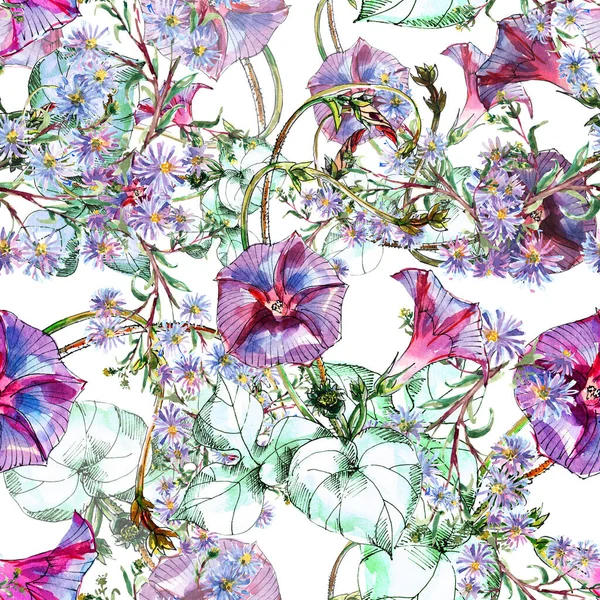 Watercolor bouquet meadow flowers on white background. Seamless pattern blue flowers with bindweed .