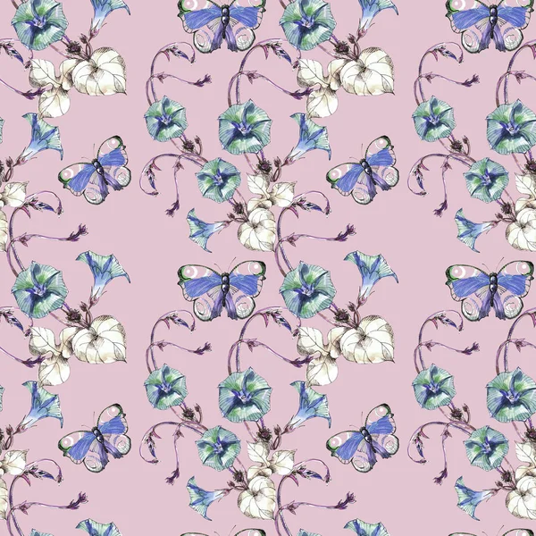 Акварельные Цветы Бабочкой Фиолетовом Фоне Весенний Цветочный Бесшовный Узор Ткани — стоковое фото