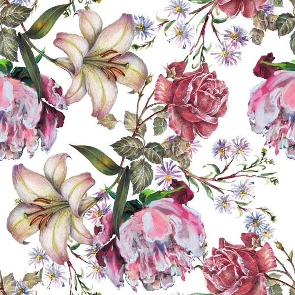 Suluboya desensiz gül, şakayık ve zambak demeti. Dekorasyon ve tasarım için güzel bir desen. Moda baskısı. Çiçeklerin suluboya çizimlerinin zarif deseni.