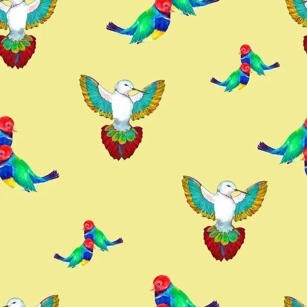 Colorful Birds Painting Watercolor Yellow Background Seamless Pattern Fabric — Stock Photo, Image