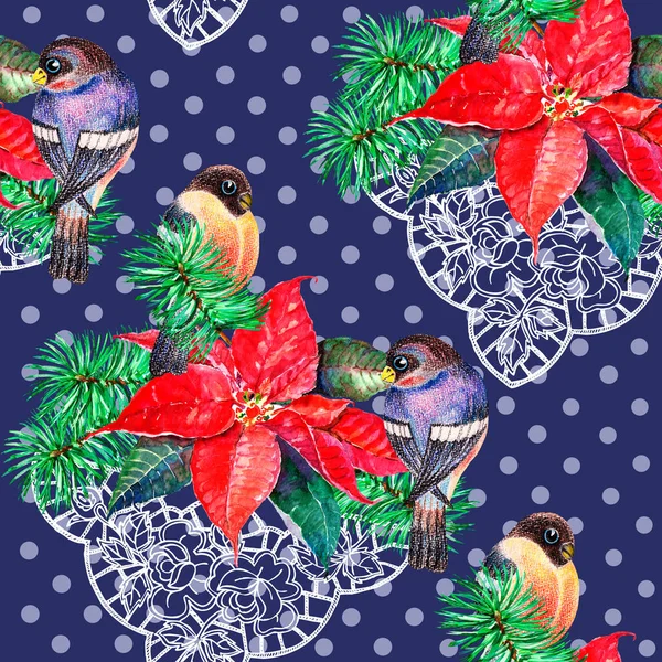 Fågel Med Blomma Julstjärna Och Öppningsmålning Akvarell Semester Sömlös Skötare — Stockfoto