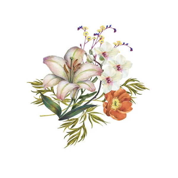 Fiori Bouquet Acquerello Con Foglie Sfondo Bianco Illustrazione Floreale Carte — Foto Stock