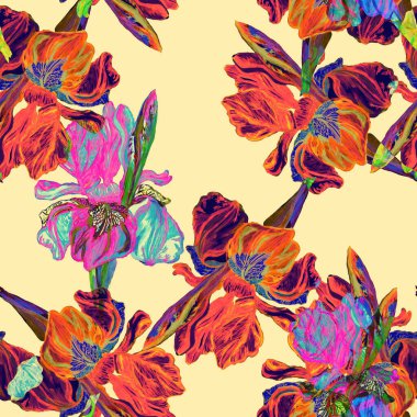 Iris, krem arka planda suluboya resim yapıyor. Kumaş için egzotik çiçeksiz desen.