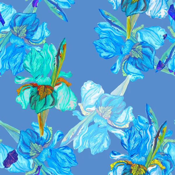 Iris Peinture Aquarelle Sur Fond Bleu Exotique Motif Floral Sans — Photo