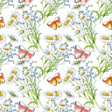 Beyaz arka planda kelebek olan suluboya çiçekleri. Kumaş için kusursuz desen.