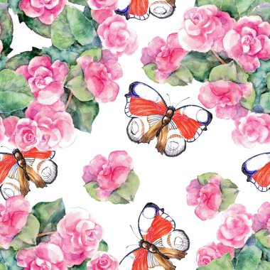 Beyaz arka planda kelebek olan suluboya çiçek begonyası. Kumaş için kusursuz desen.