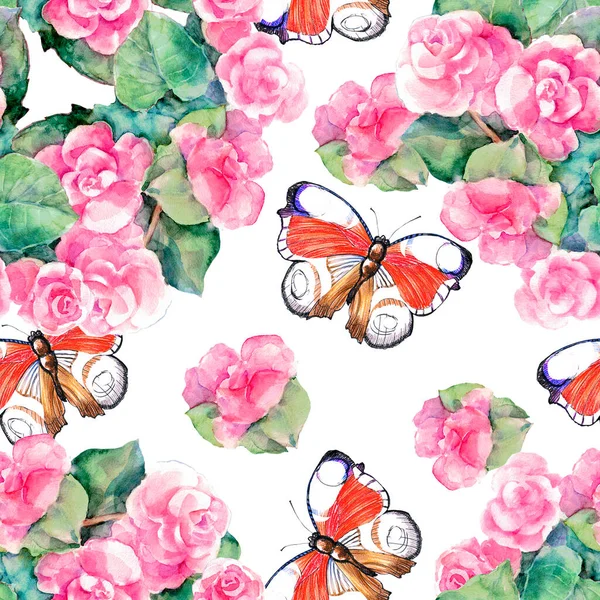 Watercolor Flowers Begonia Butterfly White Background Seamless Pattern Fabric — Stock Photo, Image