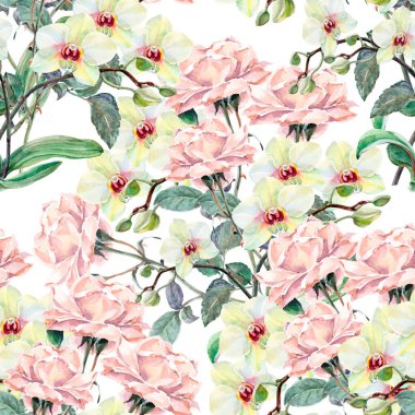 Beyaz arka planda suluboya çiçek ve orkide. Kumaş için kusursuz desen.