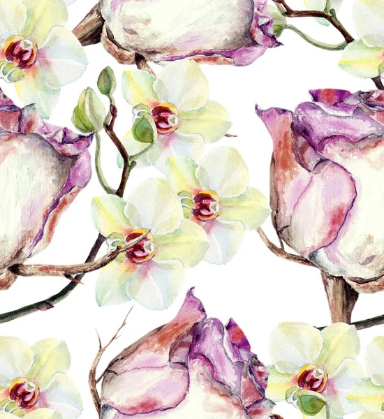 Watercolor Bouquet Flowers Rose Orchid White Background Seamless Pattern Fabric — Stock Photo, Image