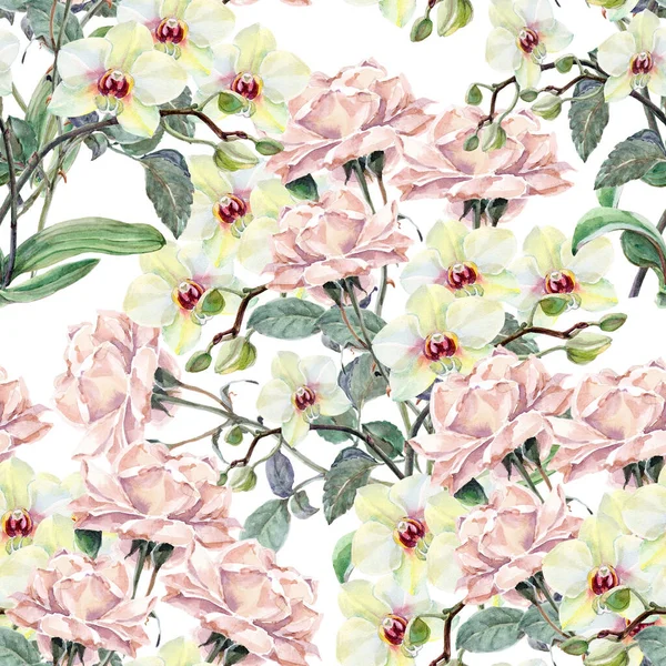 Watercolor Bouquet Flowers Rose Orchid White Background Seamless Pattern Fabric — Stock Photo, Image