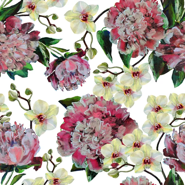 Watercolor Bouquet Flowers Peony Orchid White Background Seamless Pattern Fabric — Stock Photo, Image