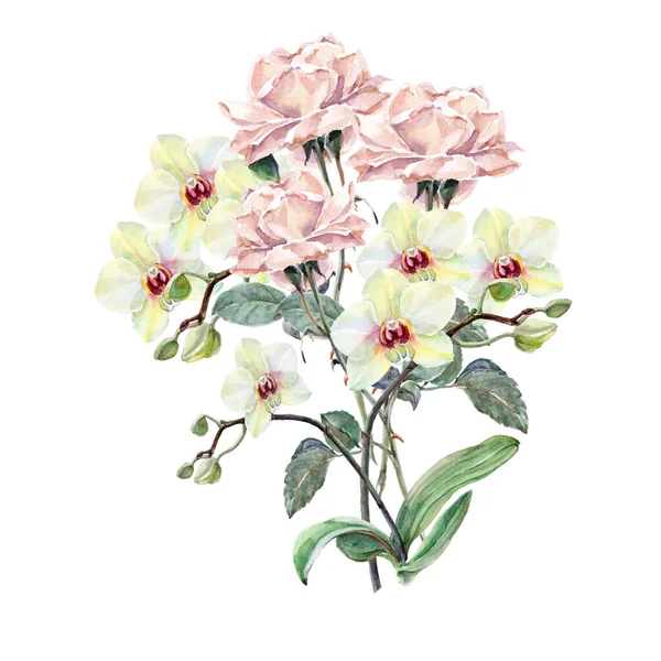 Aquarell Blumenstrauß Rose Und Orchidee Auf Weißem Hintergrund Illustration Für — Stockfoto
