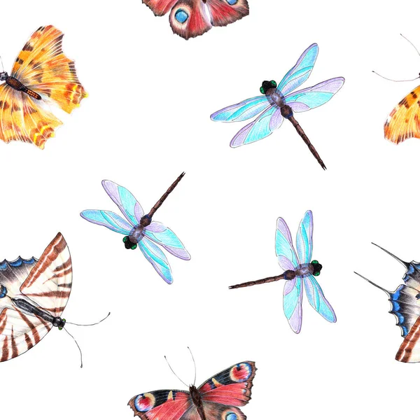 Papillon Différent Avec Dessin Libellule Crayons Couleur Motif Sans Couture — Photo