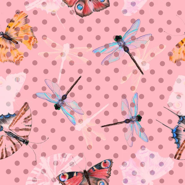 Различные Бабочки Стрекозой Рисуют Цветными Карандашами Бесшовный Узор Розовом Пятнистом — стоковое фото