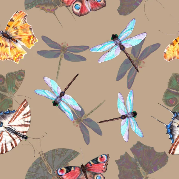 Verschiedene Schmetterlinge Mit Libellenzeichnung Farbstiften Nahtloses Muster Auf Braunem Hintergrund — Stockfoto