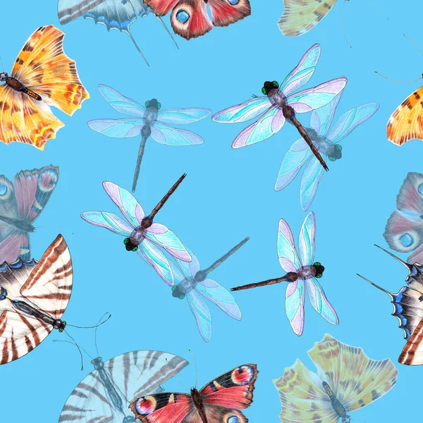 Verschiedene Schmetterlinge Mit Libellenzeichnung Farbstiften Nahtloses Muster Auf Blauem Hintergrund — Stockfoto