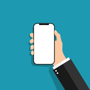 El telefonu düz bir şekilde tutar. Dokunmatik ekranlı cep telefonu. Mobil uygulama için akıllı telefon şablonu. Dijital ekranlı cep telefonu tasarımı. Beyaz dokunmatik ekranlı siyah telefon. Vektör.