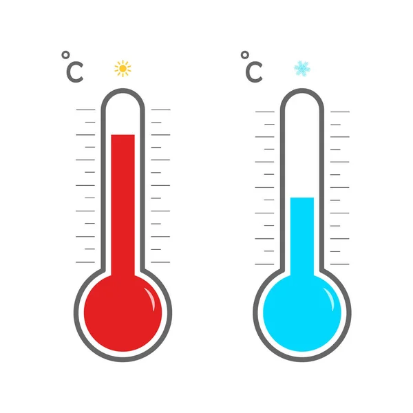 Termómetro con escala que mide calor y frío, con iconos de sol y copo de nieve. Termómetros meteorológicos sobre fondo blanco. Termómetros azules y rojos. Verano e invierno. Icono del termostato. Vector . — Archivo Imágenes Vectoriales