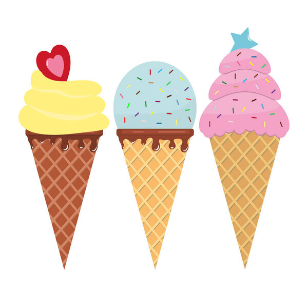 Набор красочных вкусных изолированных рожков мороженого. Симпатичные мультфильмы на белом фоне. Холодный десерт и сладкая летняя закуска. Смешное взбитые мороженое для освежения. Концепция детского питания. Вектор
.