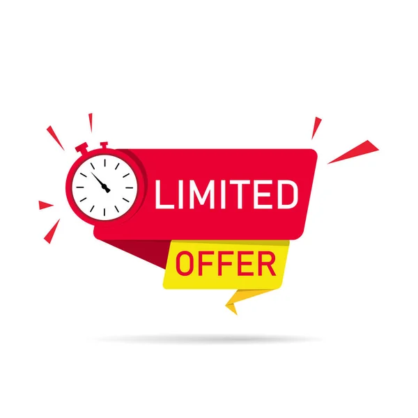 Red and yellow banners of limited offer with alarm clock isolated on white background. Countdown for time for price. Ribbon limited offer with stop button. Sale on exclusive and special promo. Vector. — Stock Vector