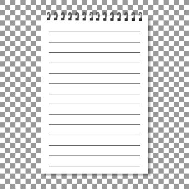 Şeffaf arkaplanda metalik spirali olan gerçekçi bir defter. Okul ya da ofis için ajandası ve günlüğü var. Dikey not defteri, hatıra defteri ve metin için defter. Hatırlatma konsepti. Vektör