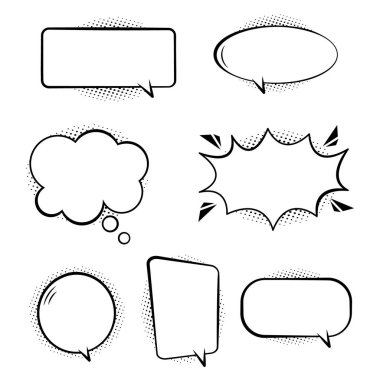 Set of comic speech bubbles. Retro empty bubbles with black halftone shadows on transparent background. Effects in pop art style. White set bubbles for talk and message. Isolated fun balloons. Vector. clipart