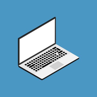 3d Isometric dizüstü bilgisayar izole edilmiş mavi arkaplanda. Dijital ve modern konsept. İletişim, web, multimedya, internet, eğitim ve iş için modern bir cihaz. Bilgisayar ekranı ve klavye. Vektör