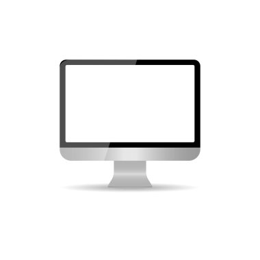 Beyaz arka planda izole edilmiş, boş ekranlı gerçekçi bir bilgisayar monitörü. Boş PC monitör ekranı. Modern gümüş ekran. İnternet, uygulama ve video için bir model. LCD ekranı. Bilgisayar izleme ekipmanları. Vektör