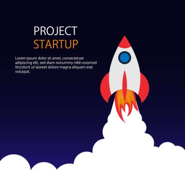 İş kurma afişi. Uzayda roket fırlatma. İş için yeni yaratıcı bir fikir. Yönetimde başarı. Yenilik projesi başlatıldı. Geleceğin modası. Çizgi film teknolojisi Ay 'a seyahat eder. Vektör