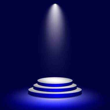 Aydınlatılmış ışıklandırmalı sahne podyumu. Mavi arka planda yuvarlak beyaz kaide. Ödüller, konserler, gösteri, parti kutlamaları, şampiyonluk ödülleri için 3D sahne. Gece stüdyosunun ışıkları. Vektör