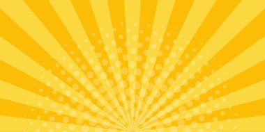 Turuncu arka planda yarım ton efektli güneş ışınları. Radyal retro hatlar. Yaz ve sonbaharın güneşli duvar kağıtları. Parlak desenli şafak ya da gün batımı. Çizgi film güneş ışığı tasarımı. Güneş patlaması eğilimi. 60 'lar, 70' ler Vektörü.