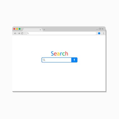Basit arama internet tarayıcı penceresi beyaz arkaplanda izole edildi. Arama çubuğu alanı ve arama düğmesi olan tarayıcı. Web sitesi için boş şablon. Ui için arama barı. Arama motoru. Adres. Vektör.
