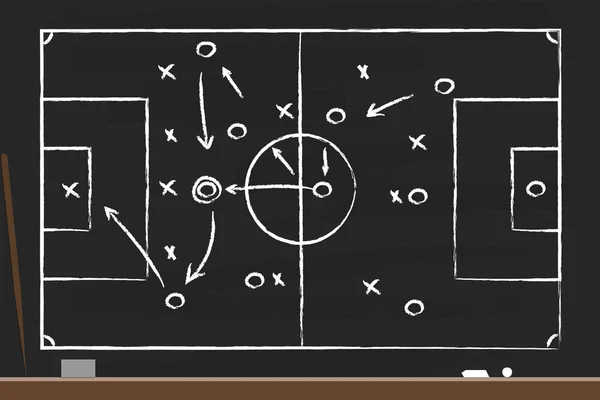 Fotboll Strategi Svarta Tavlan Med Pekpinne Tvättlapp Och Kritor Ritar — Stock vektor
