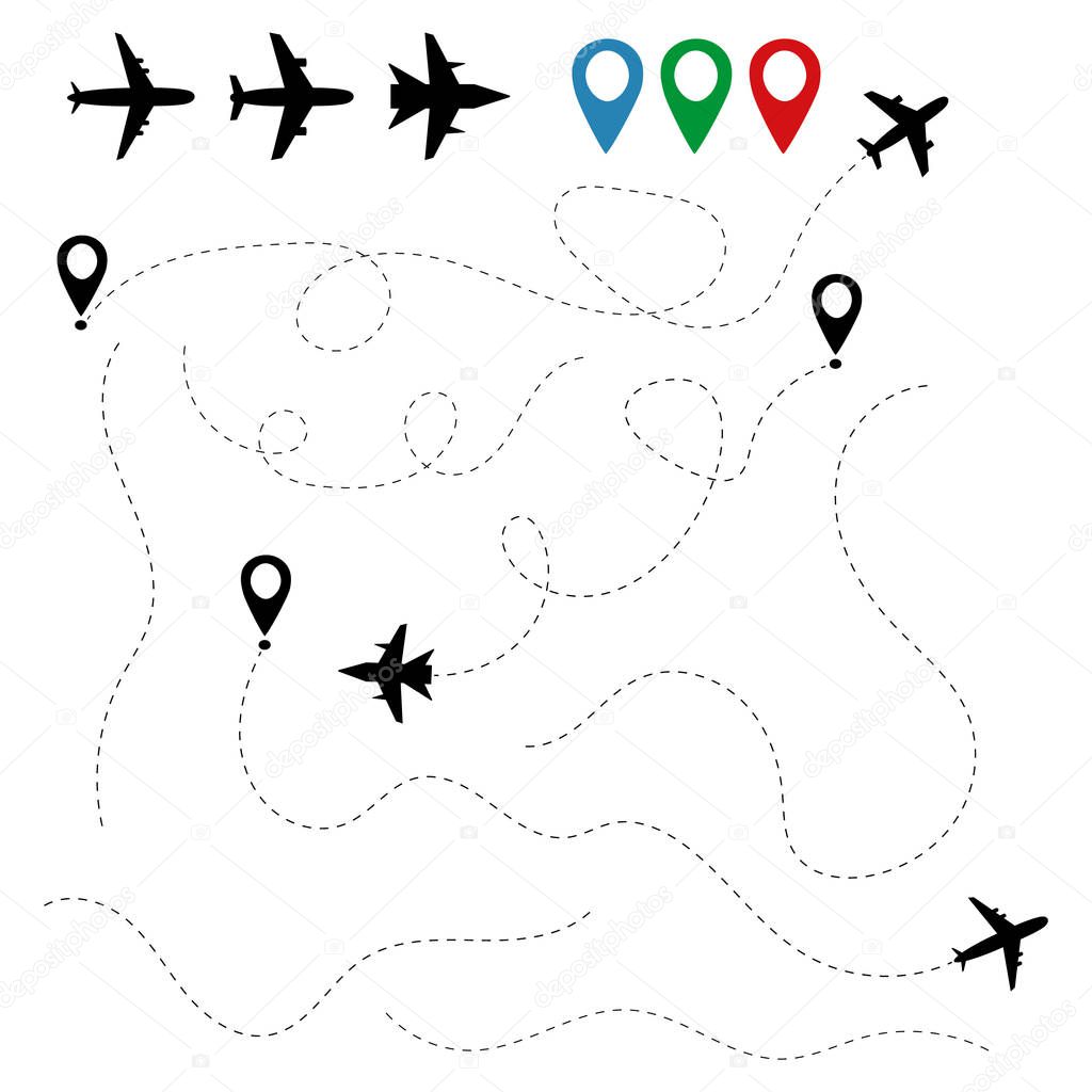 Plane traces and routes isolated on white background. Pathways flight aeroplanes. Aircraft location tracking in air travels. Aviation concept. Airliner fly from airport. Pointers air trips. Vector.