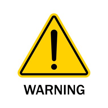 Warning sign isolated on white background. Black danger caution symbol on yellow triangle. Warning label of hazard for attention on road. Error, risk in web. Exclamation mark-accident message. Vector. clipart