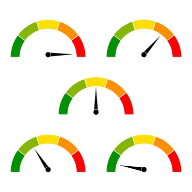 Okları olan hız göstergesi simgeleri. Yeşil, sarı, kırmızı göstergeli gösterge paneli. Takometre ögeleri. Düşük, orta, yüksek ve risk seviyeleri. Hız, performans ve derecelendirme gücü skoru. Vektör