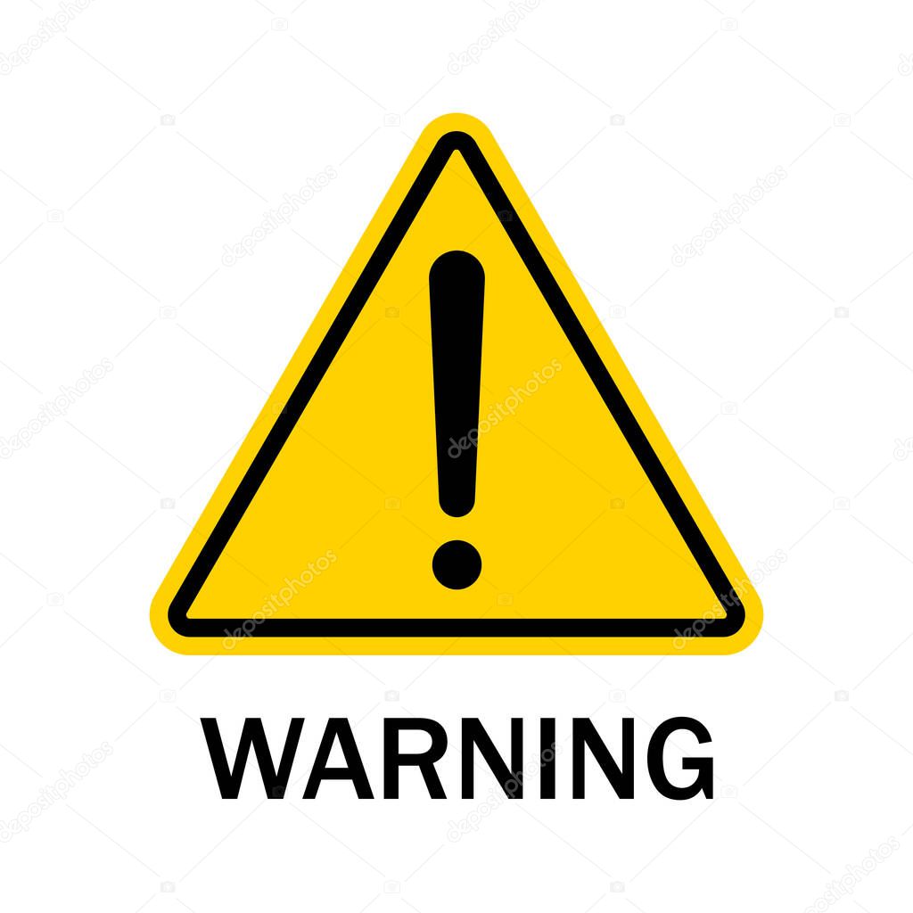 Warning sign isolated on white background. Black danger caution symbol on yellow triangle. Warning label of hazard for attention on road. Error, risk in web. Exclamation mark-accident message. Vector.