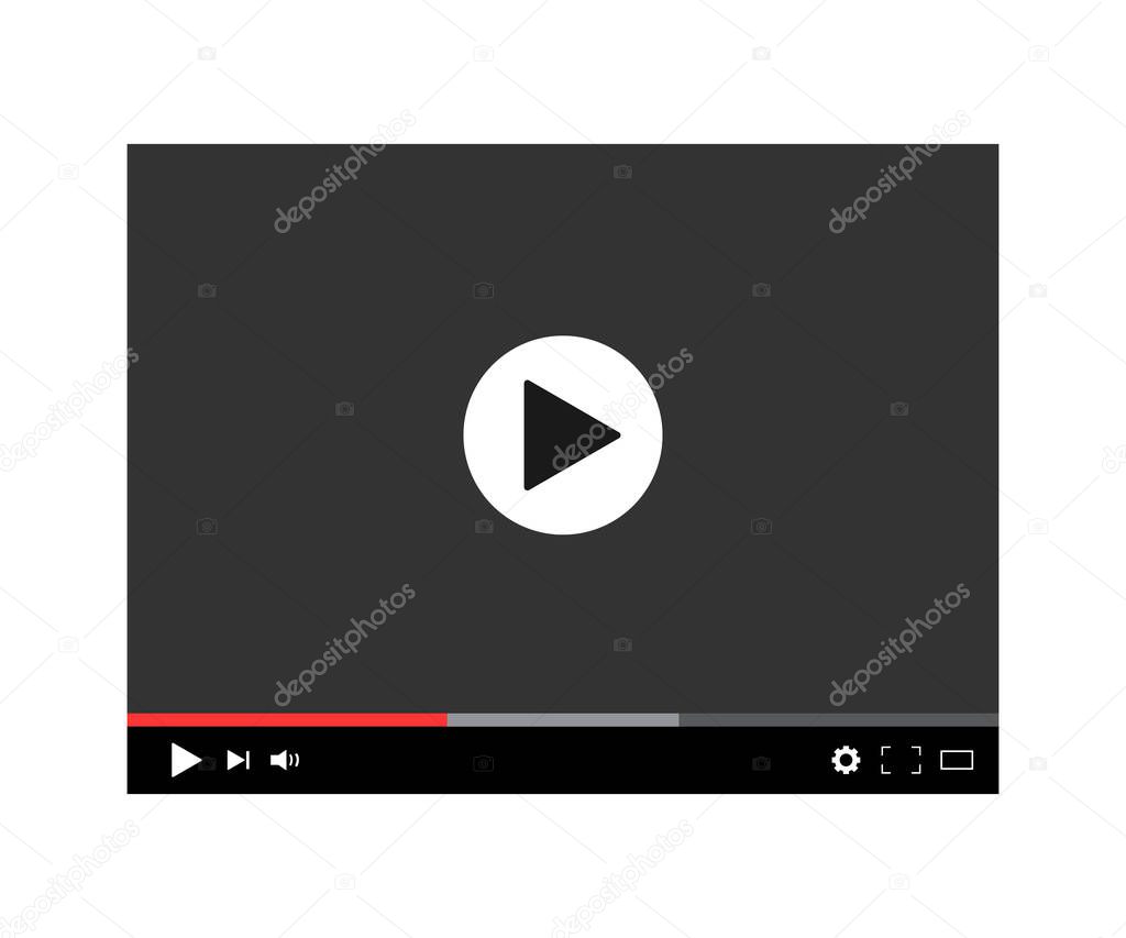 Modern digital video player. Screen media player with navigation panel. Black mockup player and video frame for web, social web and mobile apps. Window online hd stream. Load movie or film. Vector.