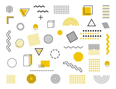 Memphis geometrik desen ayarlandı. Farklı şekiller, soyut tasarım grafikli çizgiler, modaya uygun süsler. Dergiler, sanatlar, broşürler, reklam panoları için modern poster dokusu. Hippi tarzı duvar kağıdı. Vektör.