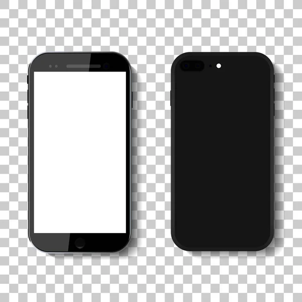 手机在透明的背景下是孤立的 黑色智能手机在现代风格下是独立的 白色空白屏幕的设备 前面和后面是8 6个移动设备 现实的应用程序手机显示屏 — 图库矢量图片