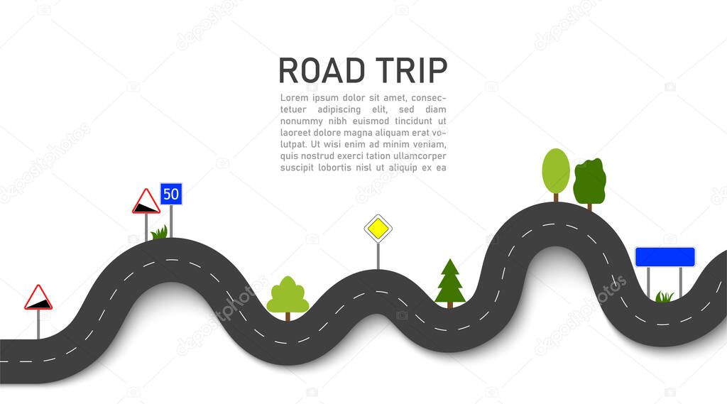 Road trip. 3D navigation and location on trip with signs and trees. Winding way map. Journey for car in highway. Travel on taxi. Infographic for path. Transport traffic route in flat style. Vector.